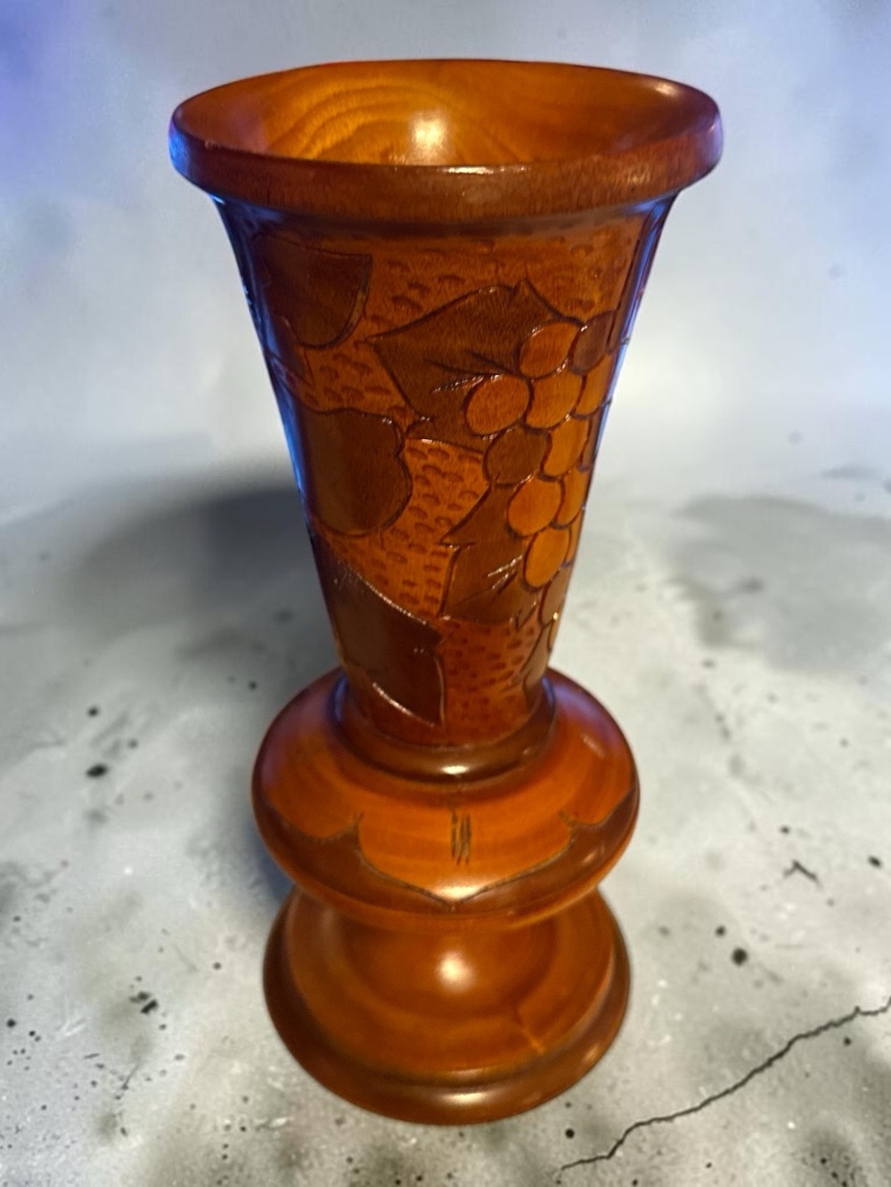Vintage Mid Century Hand Carved Wood Vase (11.5” Tall)